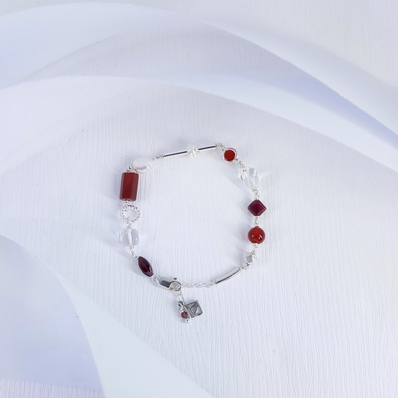 Phantom Red Agate/Natural Pearl and White Crystal Sterling Silver Bracelet - Bracelets - Sterling Silver Red