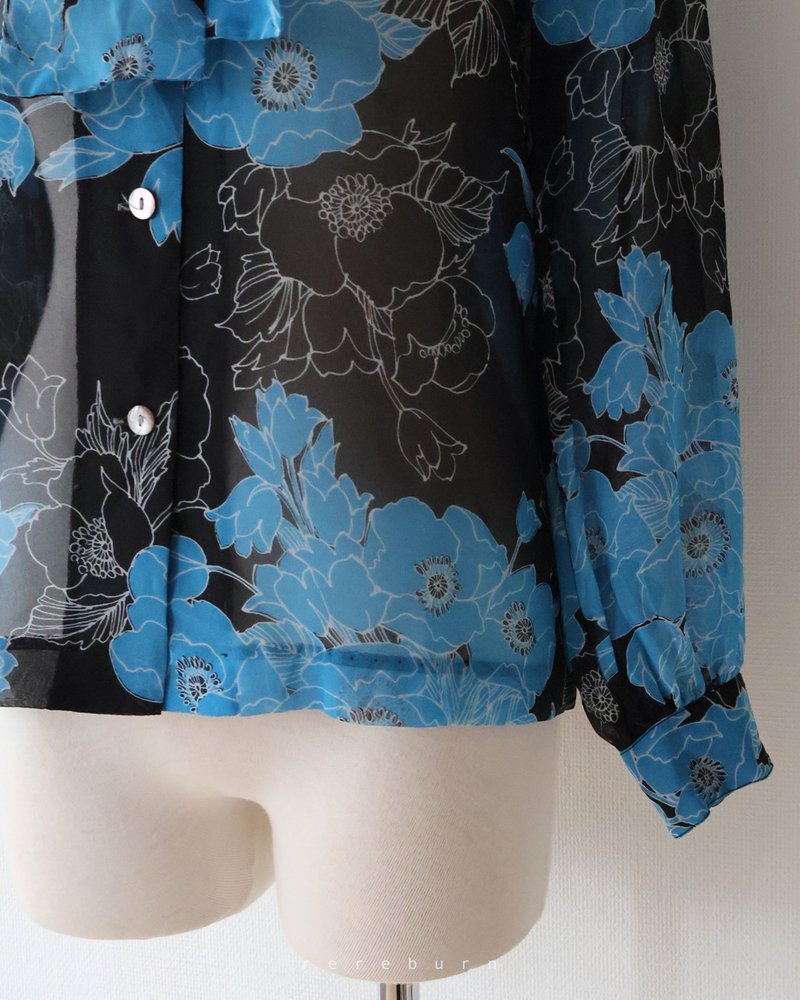 Japanese retro flower print bow tie long sleeve black vintage shirt - Women's Shirts - Polyester Black