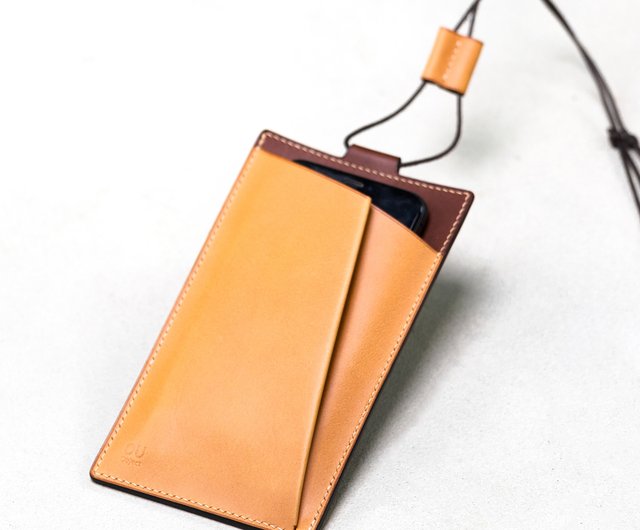 Fold a molding line of cell phone bag hanging neck bag vegetable tanned cow leather