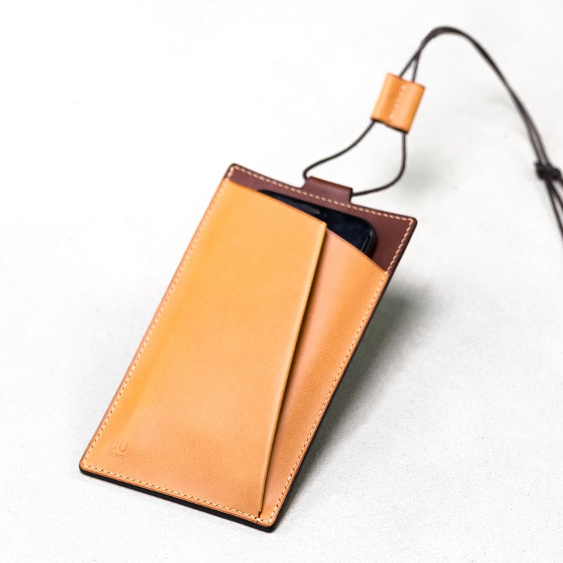 Fold a molding line of cell phone bag hanging neck bag vegetable tanned cow leather - เคส/ซองมือถือ - หนังแท้ 