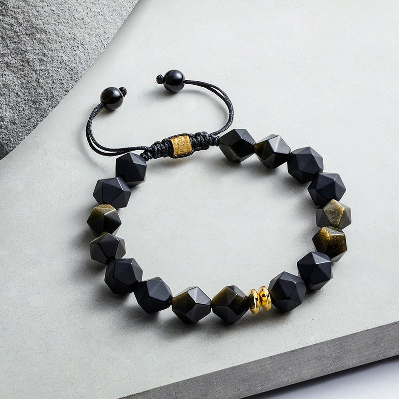 Men's Drawstring Beaded Bracelet with Onyx and Golden Obsidian - สร้อยข้อมือ - คริสตัล สีดำ