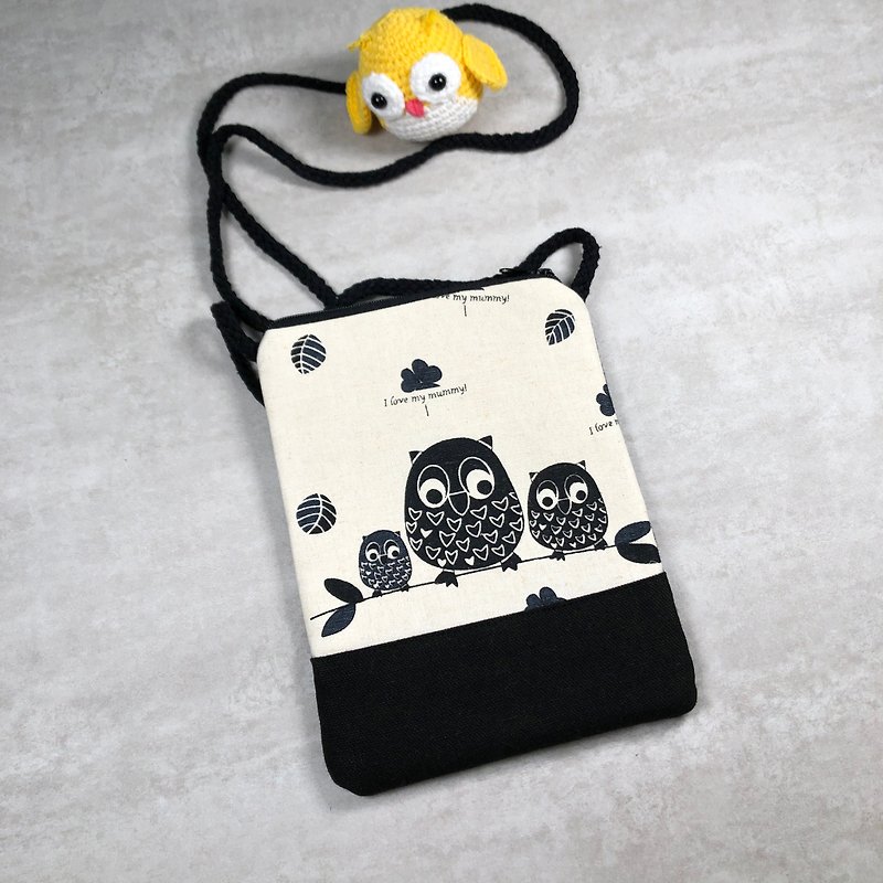 Phone Bag/Shoulder Bag/Backpack/Mobile Bag/Mobile Bag~ Black Owl (D-46) - กระเป๋าแมสเซนเจอร์ - ผ้าฝ้าย/ผ้าลินิน สีดำ