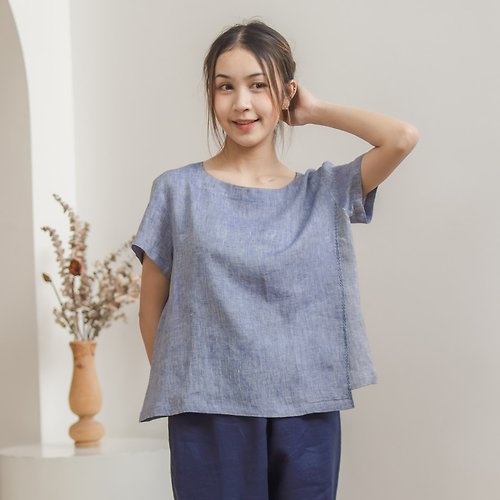 Candith Natural Linen Short sleeves Top Minimal Top - Multicolor Blue and Light Blue
