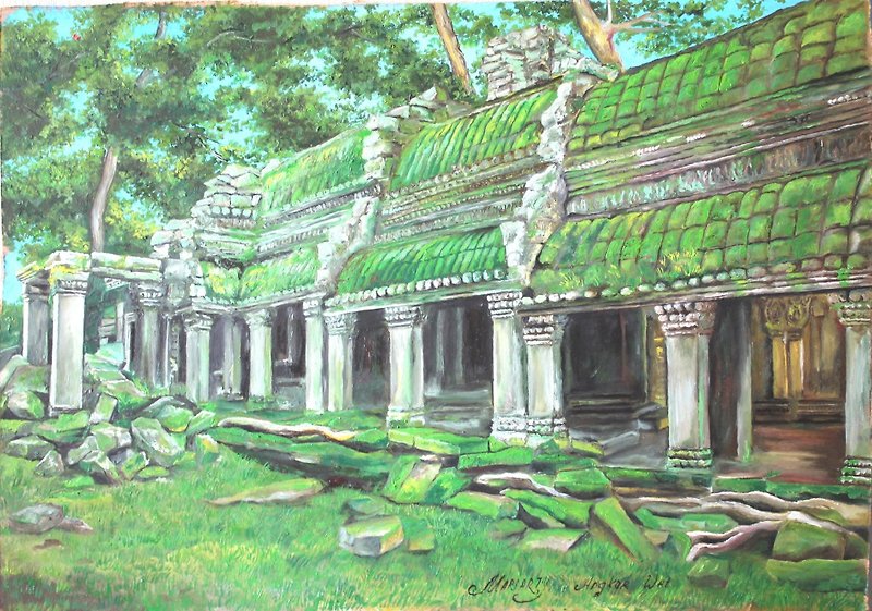 Angkor Wat ancient temple ruins original oil painting, moss and woods wild natur