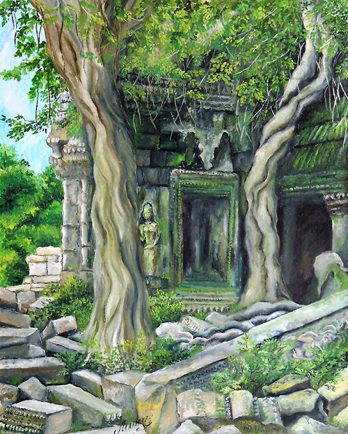 アンコールワットの古代寺院は、元の油絵、苔や森の野生の自然を台無し