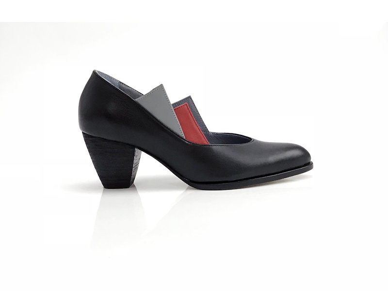 Overlapping  (black mid heels handmade leather shoes) - รองเท้าลำลองผู้หญิง - หนังแท้ สีดำ