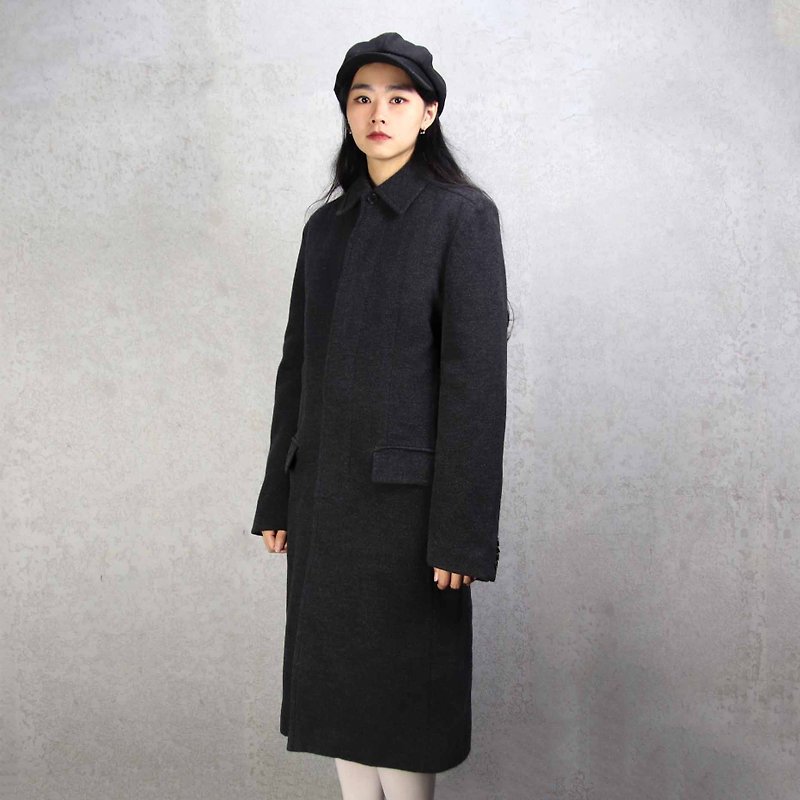 Tsubasa.Y Antique House A05 vintage wool dark coat, wool wool long coat - Women's Casual & Functional Jackets - Wool Gray