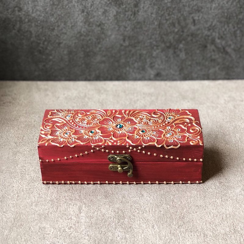 【彩繪木盒-迎光】HENNA 民族風 鉛筆盒 置物盒 禪繞 摩洛哥 木盒 - 鉛筆盒/筆袋 - 木頭 紅色