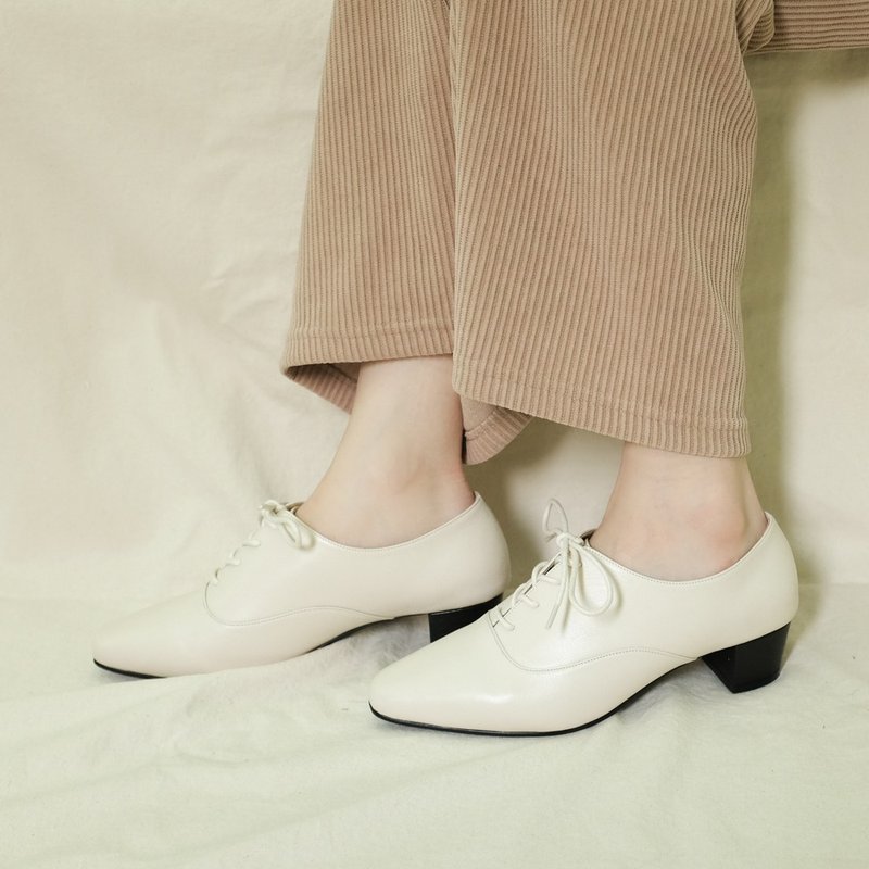 Women's College! Slim 4cm strappy Oxford shoes, full genuine leather MIT-Haibei - รองเท้าอ็อกฟอร์ดผู้หญิง - หนังแท้ ขาว