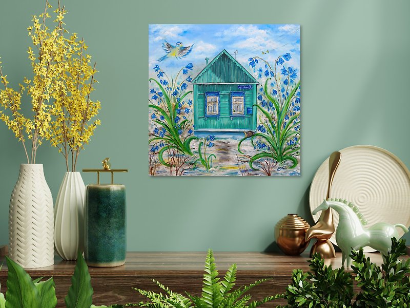 油絵オリジナル。キャンバスに描いた春の風景画。壁の装飾。油画 - ウォールデコ・壁紙 - その他の素材 ブルー