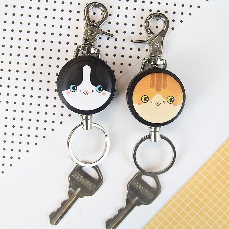 i good slip ring keychain series - Series full - Orange & Black and White meow meow (two) kitty cat keychain ring retractable telescopic pull wire - Keychains - Paper 