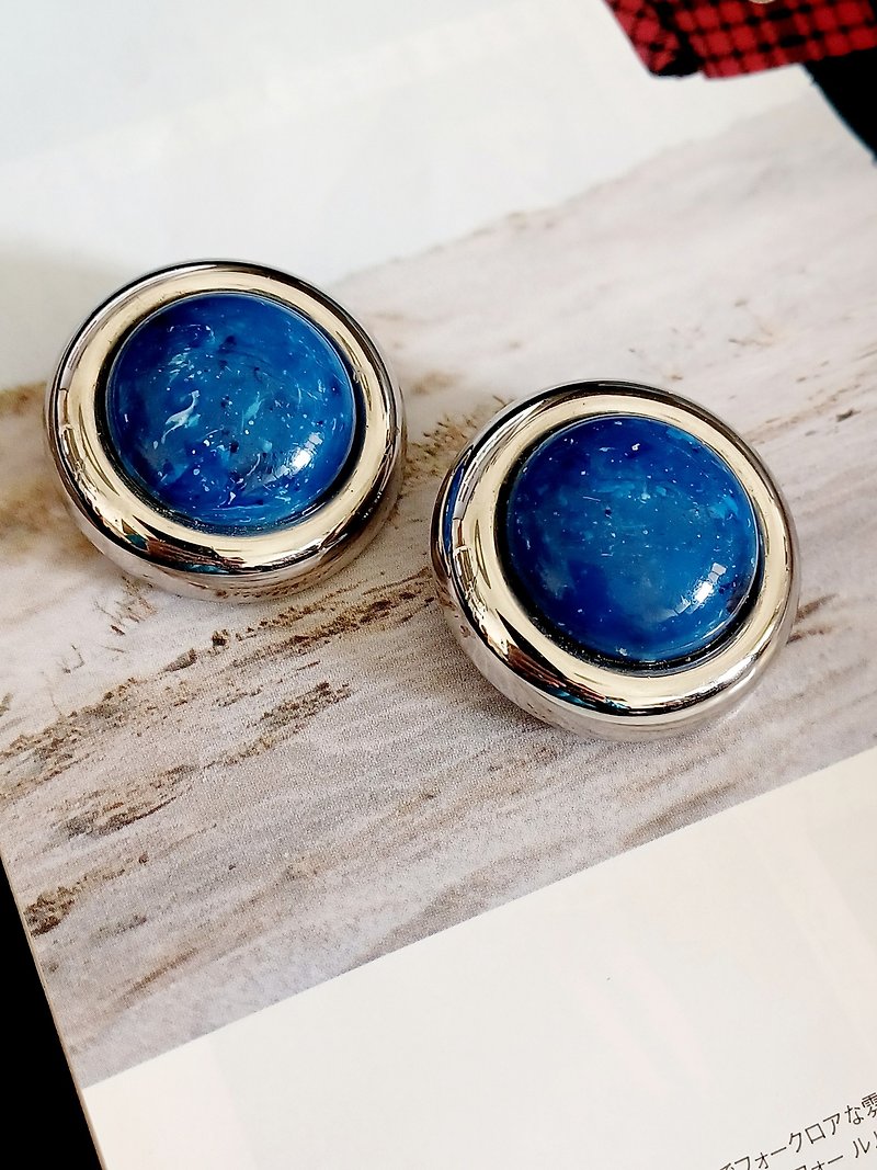 vintage jewelry  藍色星球 夾式耳環 - 耳環/耳夾 - 其他金屬 