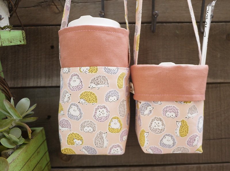 Fast Shipping/Preferred Gifts/Double-Sided Beverage Bag (Little Hedgehog) One Large Cup and One Medium Cup - Beverage Holders & Bags - Cotton & Hemp Pink