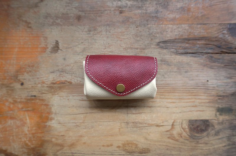 Three-tier fan-shaped purse / Travel Card Pack - Bordeaux + white - กระเป๋าใส่เหรียญ - หนังแท้ สีแดง