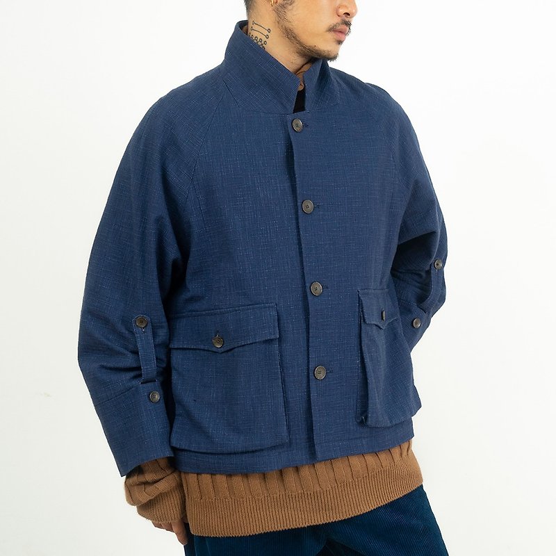 Japanese plant blue dyed slub cotton made old suit collar retro overalls jacket short coat - Men's Coats & Jackets - Cotton & Hemp Blue
