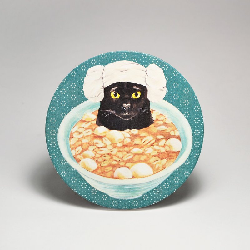 Water-absorbing ceramic coaster-black cat soaked peanut glutinous rice balls (free sticker) (customized text can be purchased) - Coasters - Pottery Green