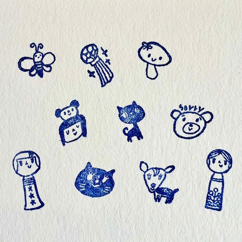 ミニミニスタンプ　みつばち・七夕・きのこ・一緒・クロネコ(全身)・sorryくま・こけしちゃん(左)・クロネコ(顔)・バンビ・こけしちゃん(右) - 印章/印台 - 橡膠 卡其色
