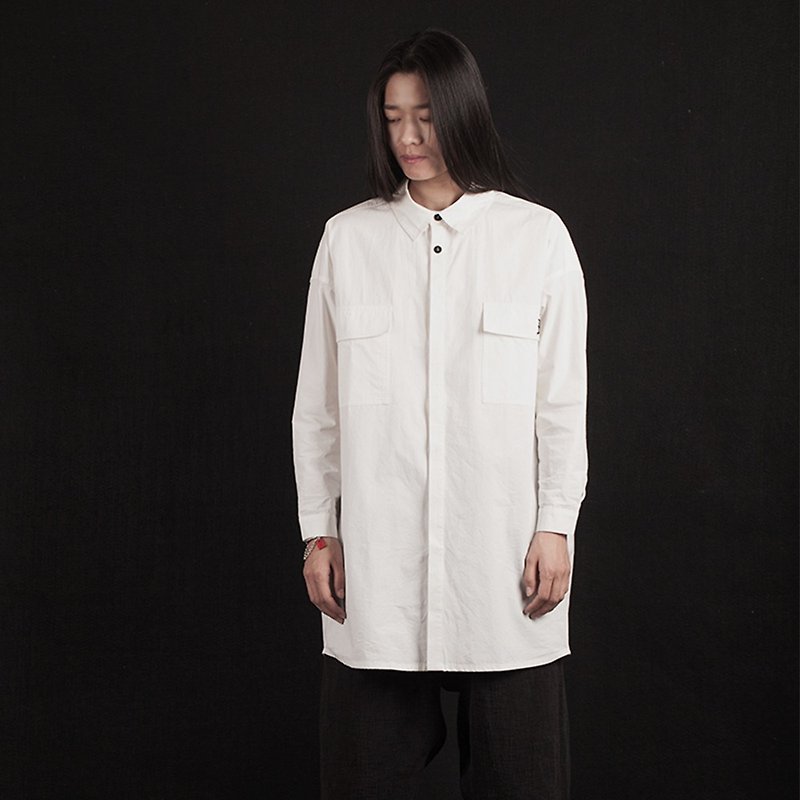 White cotton embroidered workwear long-sleeved shirt - Women's Shirts - Cotton & Hemp White