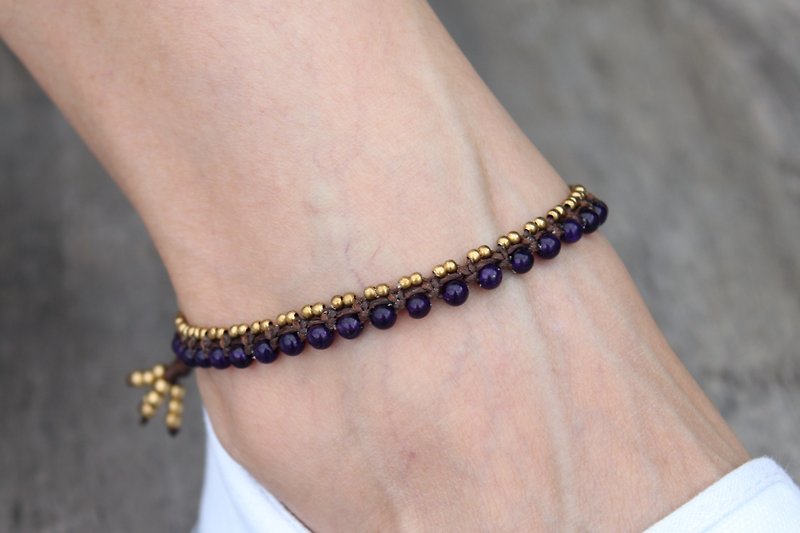 Macrame編織腳鍊紫水晶黃銅石嬉皮腳踝手鐲 - 腳鍊/腳環 - 銅/黃銅 紫色