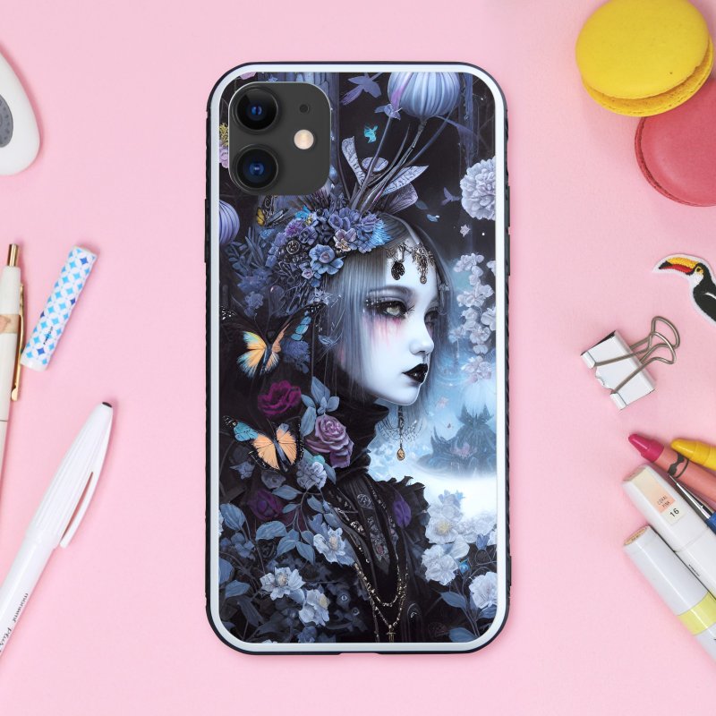 A dark, gothic style smartphone case with a dignified witch, butterflies and flower lover [tempered glass finish] Compatible with iPhone 16 - เคส/ซองมือถือ - พลาสติก หลากหลายสี