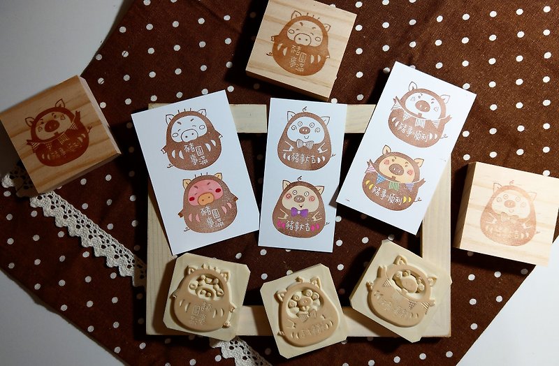 Dreaming glazed house | Hand-stamped seal | Three pigs series - Pigeon Fushen A+B+C package - Stamps & Stamp Pads - Wood Pink