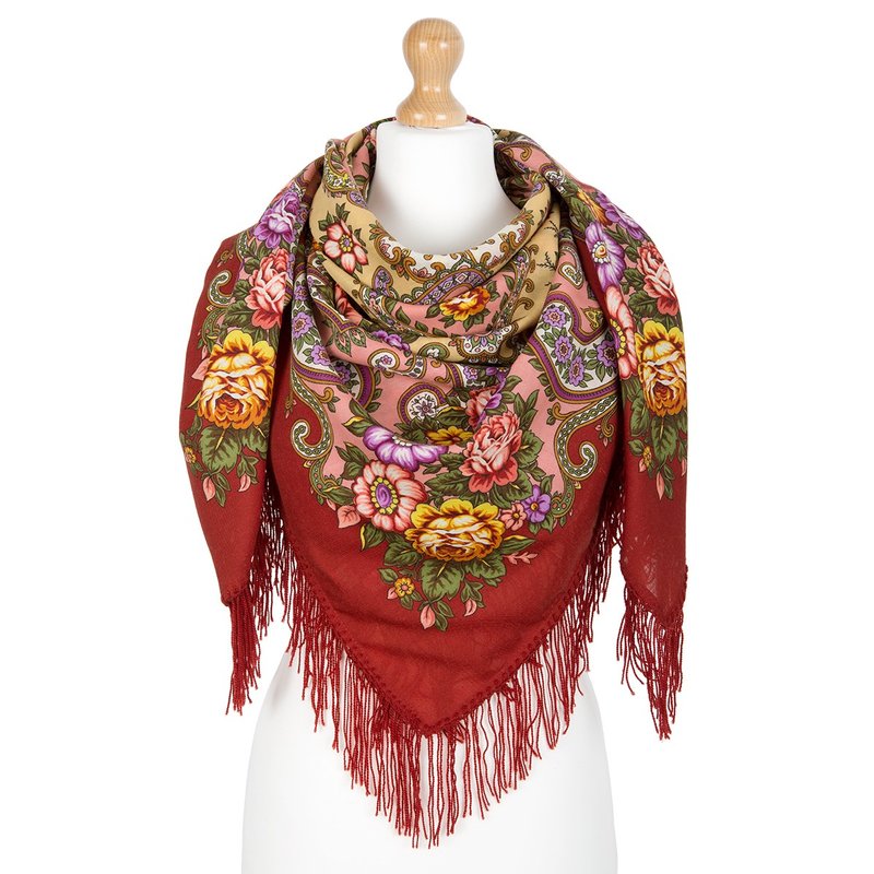 Pavlovo Posad Russian Shawl 100% Wool Scarf 125 cm, Wrap Woolen Fringe 1778-4 - Scarves - Wool Red