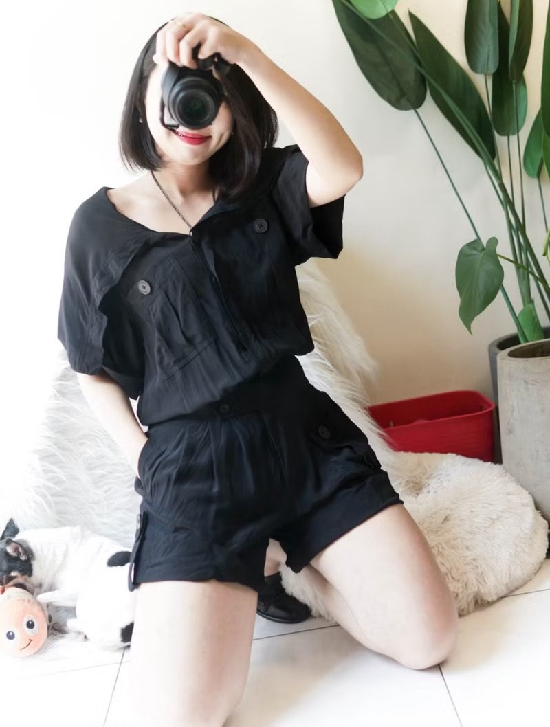 純黑造型翻領青澀俐落手札 古董絲質吊帶褲連身褲 overalls - 吊帶褲/連身褲 - 絲．絹 黑色