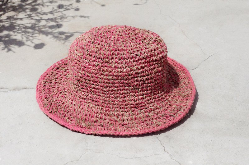 Valentine's Day gift limited handmade knitted cotton hood / weaving hat / fisherman hat / sun hat / straw hat - strawberry ice cream pink hand-woven hat - หมวก - ผ้าฝ้าย/ผ้าลินิน สึชมพู