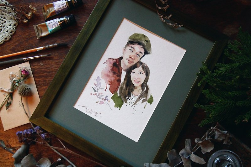 日系水彩 手繪客製情侶肖像畫 似顏繪 生日 情人 結婚 聖誕人物畫 - 似顏繪/人像畫 - 紙 綠色