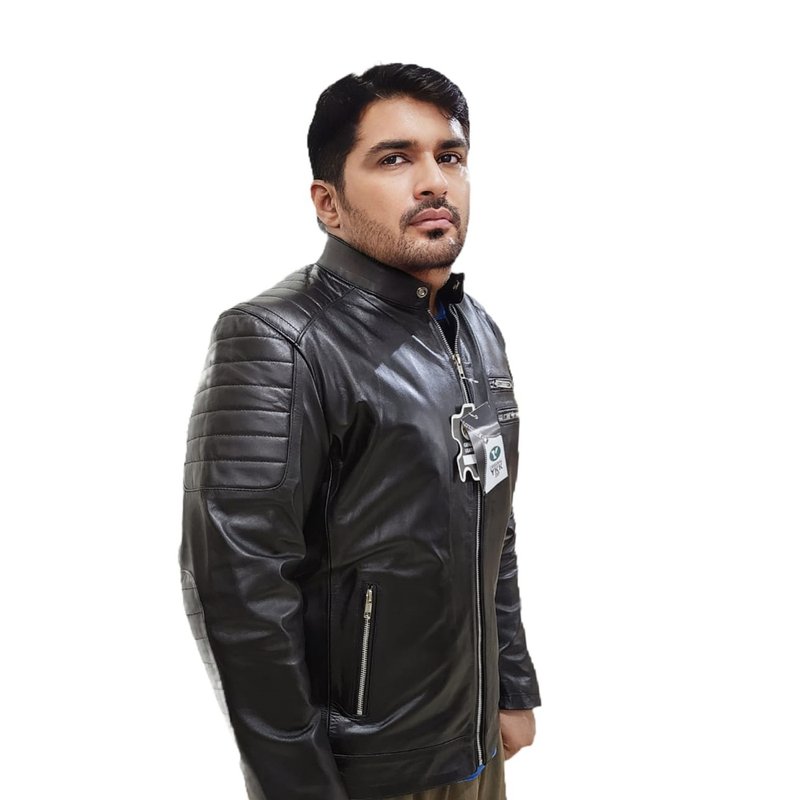 Men's Racer Biker Style Leather Jacket - 男夾克/外套 - 真皮 黑色