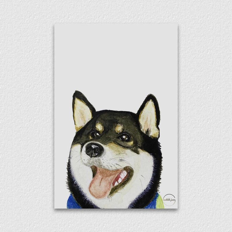 水彩插畫動物明信片 - 柴犬 手繪 水彩 插畫 - 卡片/明信片 - 紙 黑色