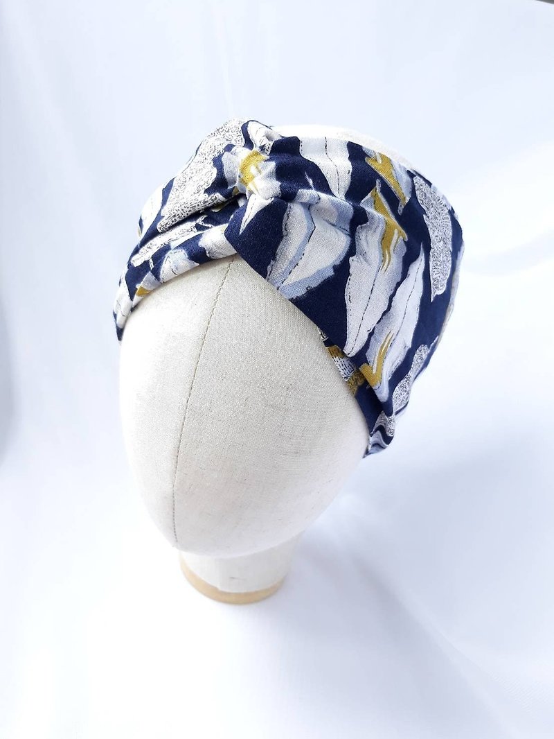 深藍葉紋頭巾領巾式手工寬髮帶 - 髮帶/髮箍 - 棉．麻 藍色
