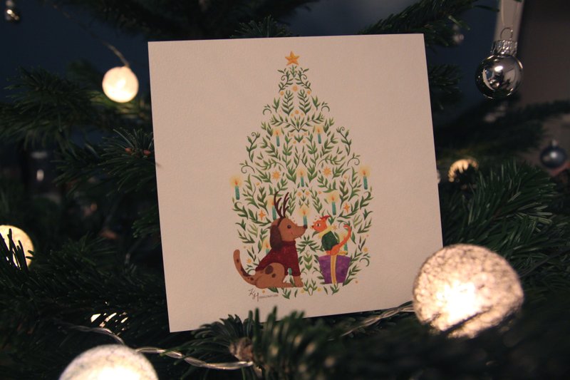 Sous le sapin under the Christmas tree - square Christmas card - Cards & Postcards - Paper 