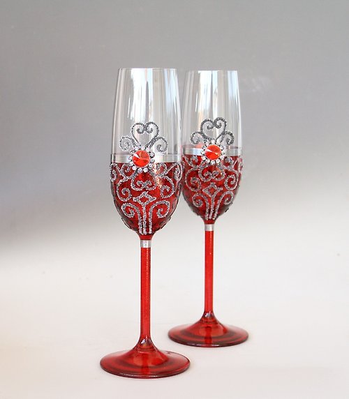 NeA Glass Champagne Wine Glasses Red Wedding Hand Painted Set of 2