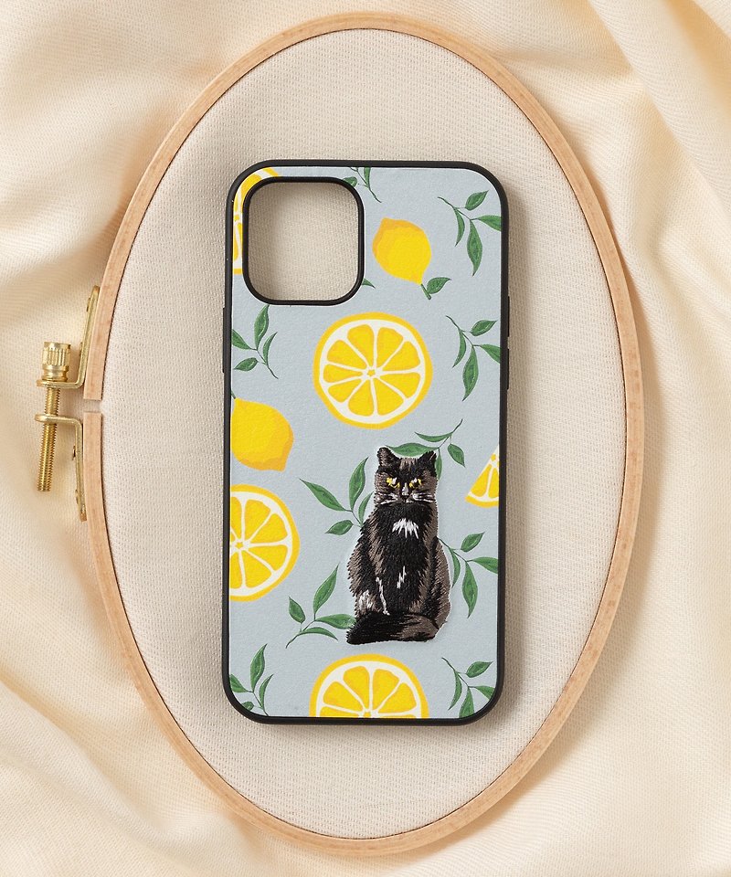 Polyester Phone Cases Multicolor - 3D Embroidery Smartphone Case iPhone 12 / 12pro PBAT PU Leather Cat x Lemon