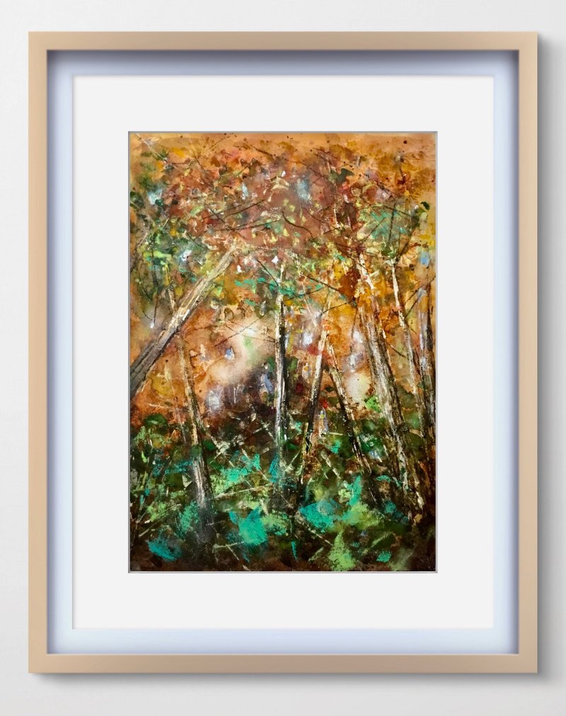 Golden Canopy – Original Autumn Landscape Watercolor on Arches Paper - 壁貼/牆壁裝飾 - 其他材質 金色