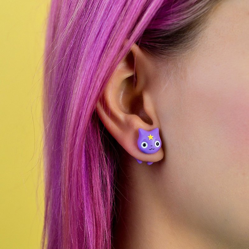 Purple Cat Earrings - Polymer Clay Cat Earrinngs, Fake Gauge / Fake Plug - ต่างหู - ดินเหนียว สีม่วง