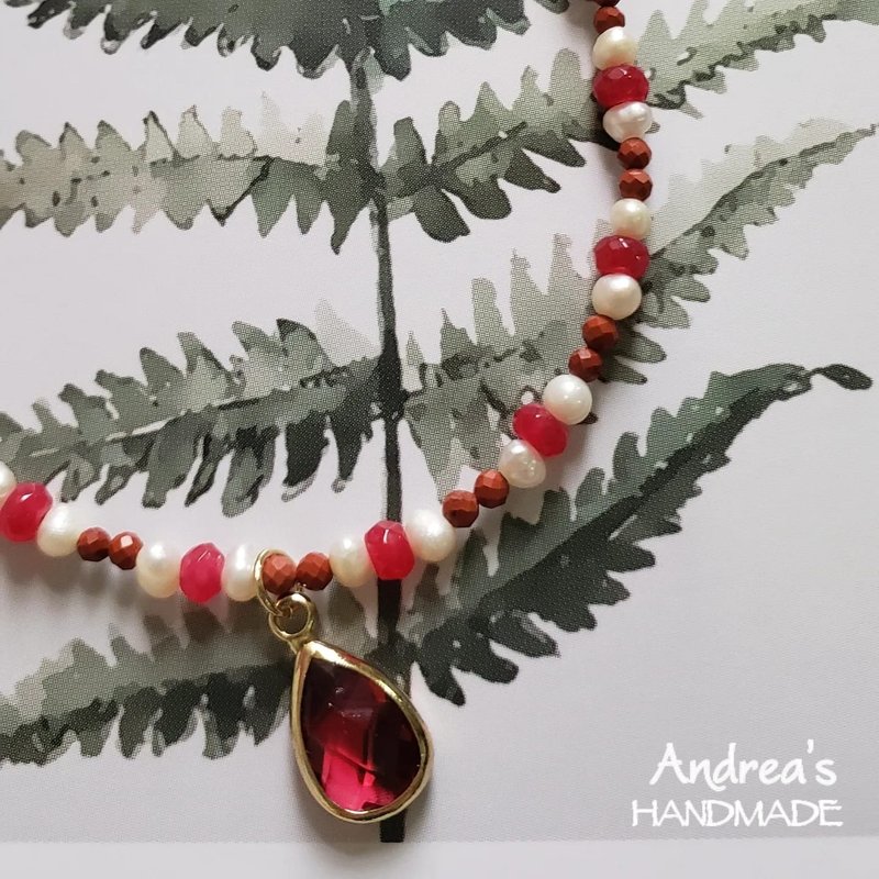 Small Pearl Crystal Red Natural Stone Beaded Necklace - Necklaces - Pearl Red