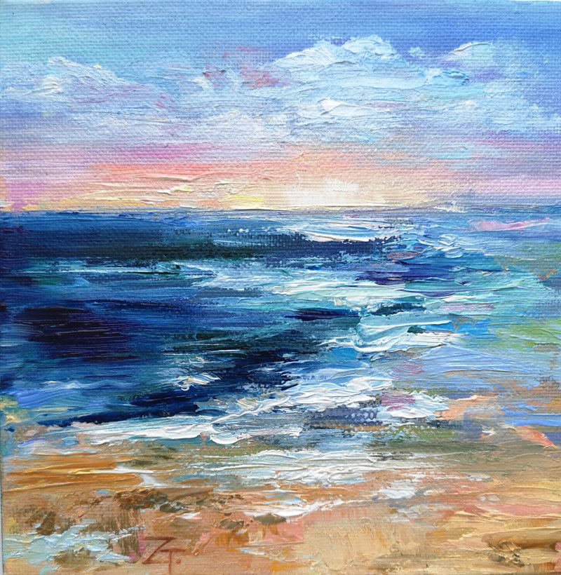 Seascape Painting  Abstract Original Art on Canvas 15x15 cm. - 海報/掛畫 - 棉．麻 