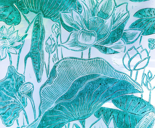 Green lotus flower Linocut print for Nature lover gift UNFRAMED – daashart