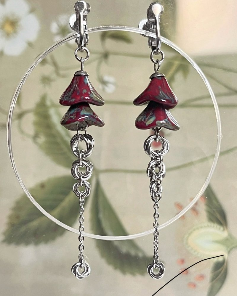 Linglan jingle flower earrings (mottled red) Stainless Steel earrings - ต่างหู - สแตนเลส สีแดง