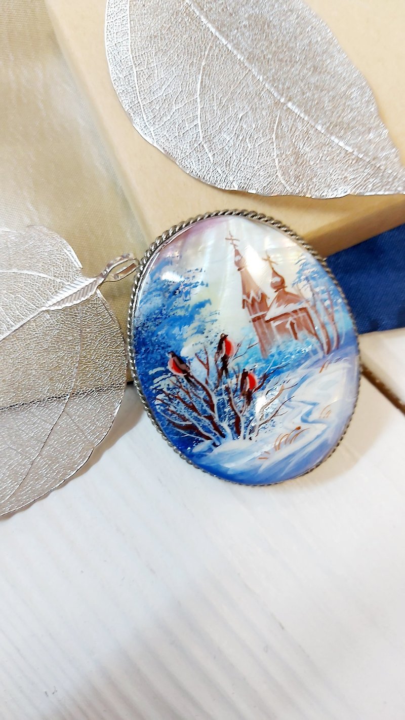 Unique trendy: Church and bullfinches in winter village on hand painted brooch - เข็มกลัด - เปลือกหอย สีน้ำเงิน