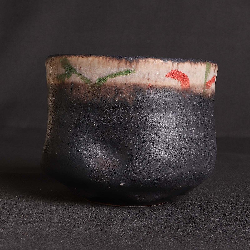 Black glazed painted tea bowl - ถ้วย - ดินเผา สีดำ