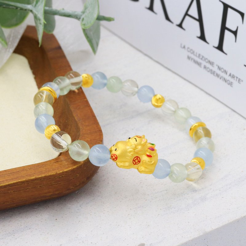 Kimura Light Gold Jewelry/Gold Pixiu Baby Fox Crystal Bracelet Aquamarine 9999 Gold - Bracelets - 24K Gold Yellow