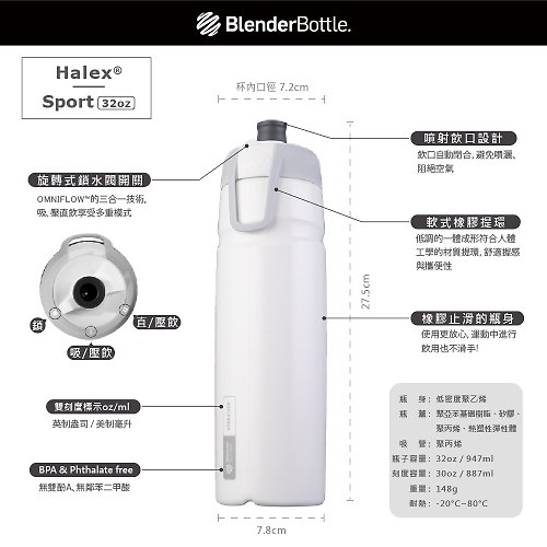 BlenderBottle Hydration Halex™ Squeeze Water Bottle with Straw, 22-Ounce  (Bike Cage Compatible)