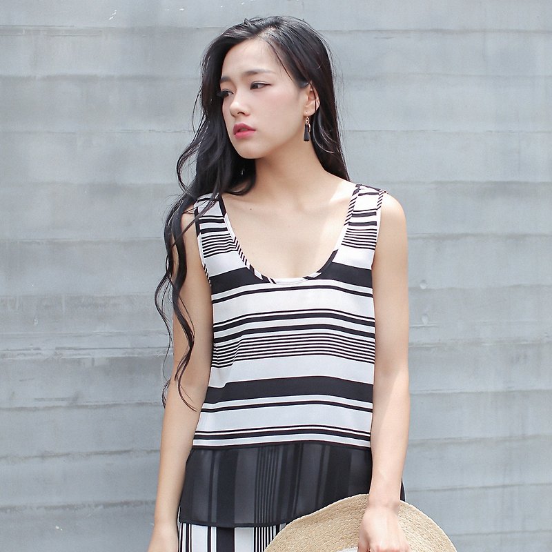 Anne Chen original design early cloud 2016 summer new women's thin section casual literary striped shirt - เสื้อกั๊กผู้หญิง - ผ้าฝ้าย/ผ้าลินิน สีดำ