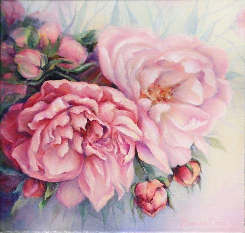 Rose Oil Painting Original Art on Stretched Canvas 40x40 cm. - 壁貼/牆壁裝飾 - 棉．麻 