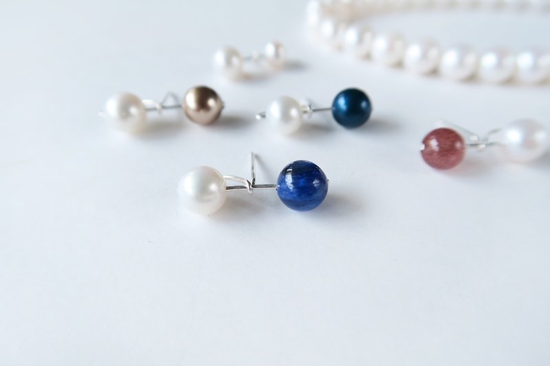 925 sterling silver planet natural stone ore crystal freshwater pearl 4-color earrings or Clip-On pair - ต่างหู - เงินแท้ สีน้ำเงิน