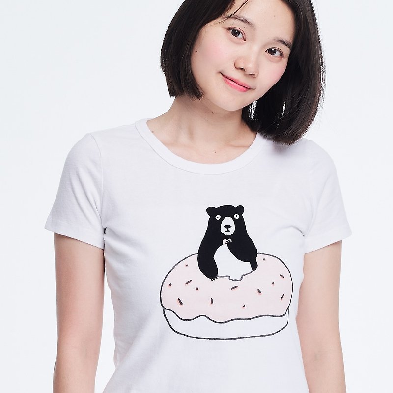 Bear and donut junk food peach cotton T-shirt Women - เสื้อยืดผู้หญิง - ผ้าฝ้าย/ผ้าลินิน ขาว