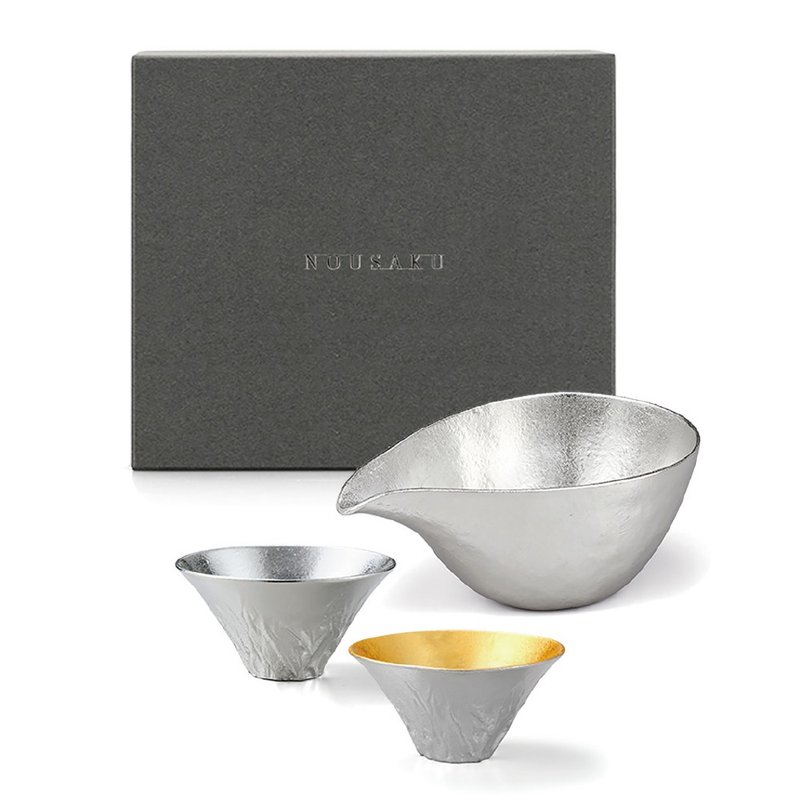 清酒具禮盒 (片口盅L+富士山風情對杯) - 酒杯/酒器 - 貴金屬 銀色